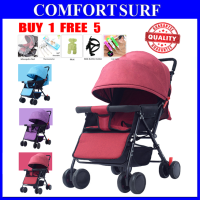 Lightweight Foldable Baby Stroller with Adjustable Backrest, Canopy, Suspension Wheel + Free 4 Gift