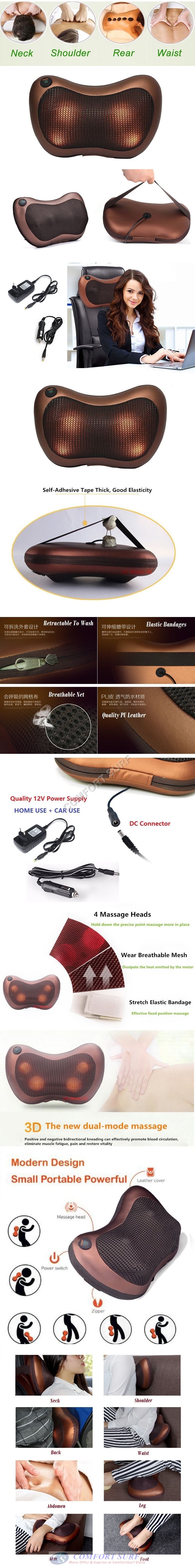 Multifunction Dual Use Electric Massage Pillow Shiatsu Infrared Heated 2 in 1 Cushion Home Car Office Massager