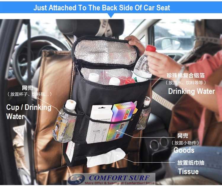 Car Back Seat Multipurpose Cool & Hot Insulation Storage Bag with Multi Holder Organizer + Tissue Holder