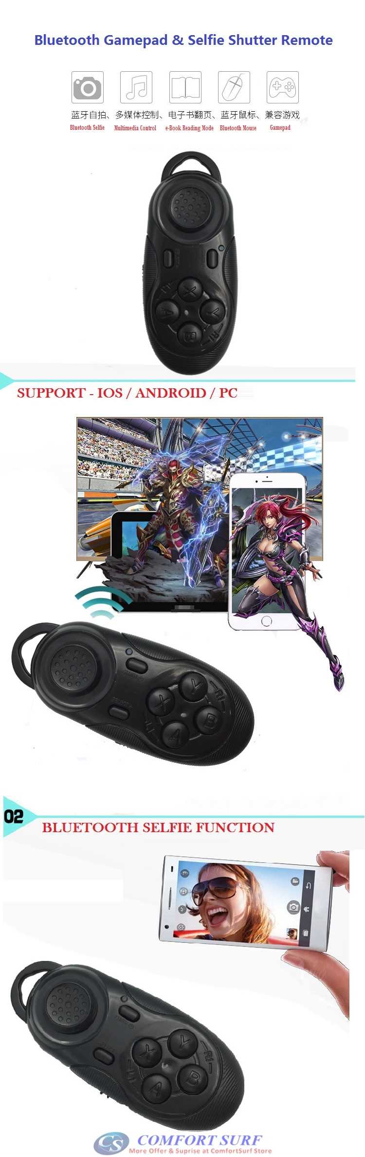 Mini Portable Wireless Bluetooth Gamepad Selfie Remote Mouse Controller Shutter For iPhone Android 3D VR Glasses