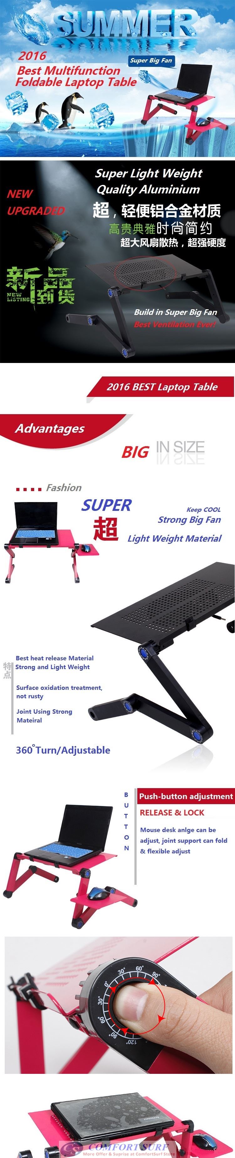 2016 Latest World's First Amazing Multifunction 360° Rotaion Foldable Laptop Table With Strong Big Fan Design Adopted One Seccond Lock Button Technology