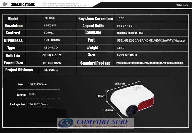 HX868-TV High Resolution TV LED projector Upto 100" 500 Lumens with Full Dual HDMI, USB, AV, Audio, SD Card Port..