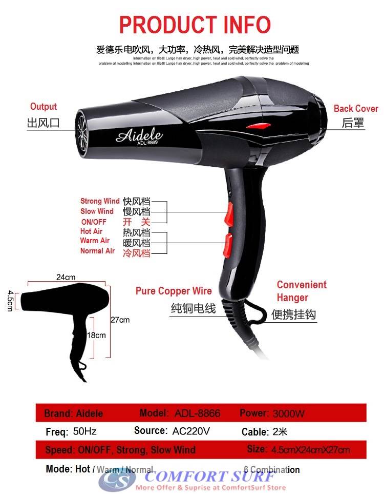 Aidele 3000W Watts Dryer 220v Home Blow Dryer Professional Beauty Salon Hair Dryer Hot and Cold Wind Constant Temperature Control