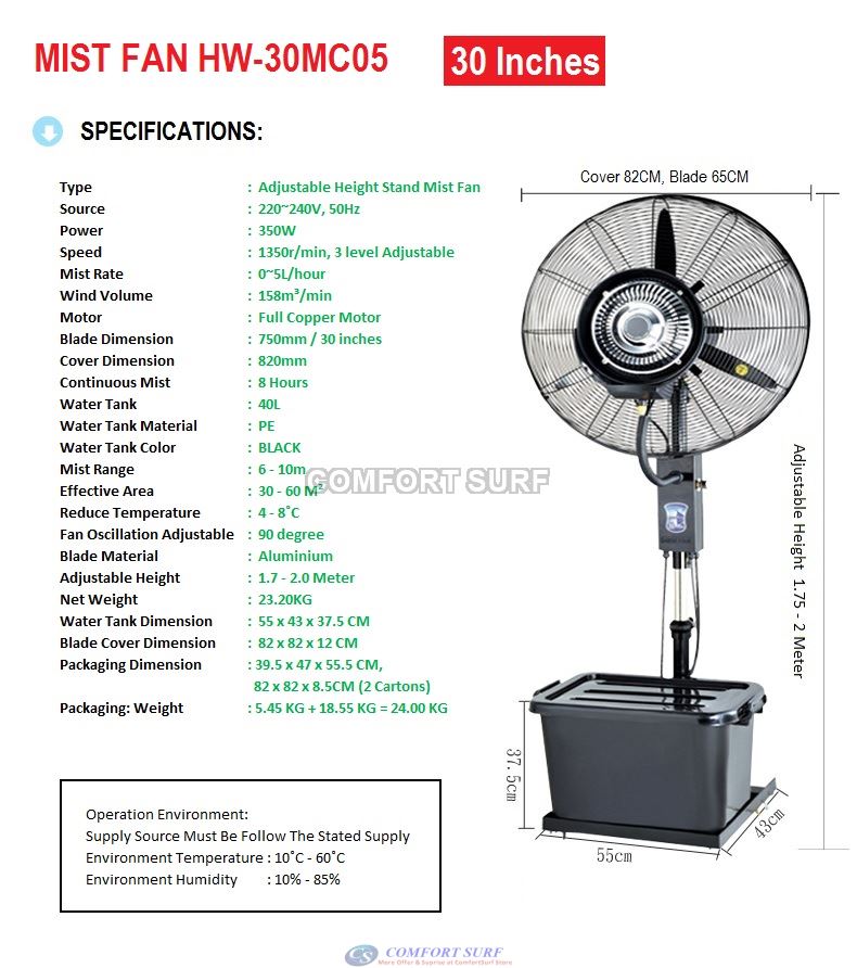 Water Mist Fan 26 / 30 inches Atomizer Fan Water Cooling fan water air-conditioning humidifier