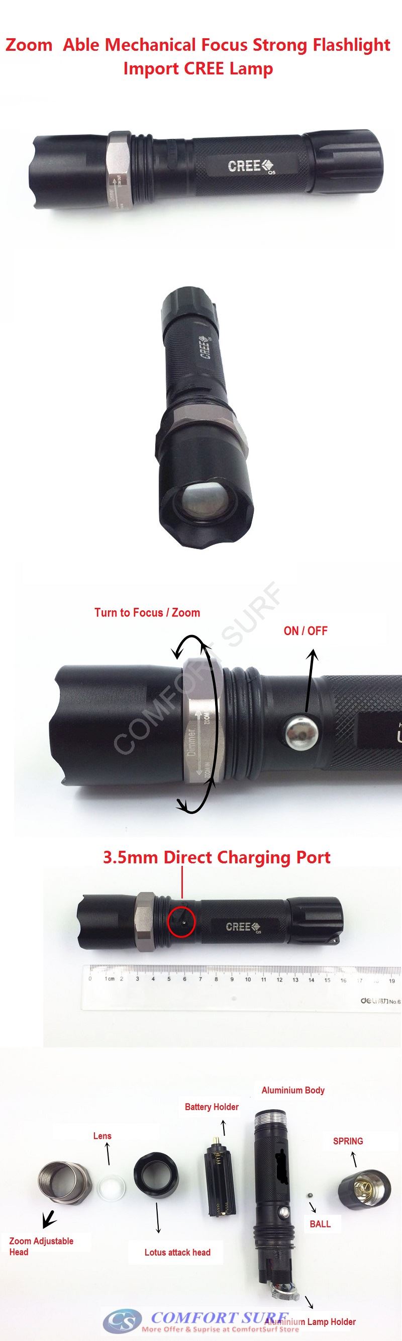 Ultrafire Strong CREE Q5 LED Zoomable Torchlight Flashligh with 5 Adjustable Mode, Direct Charging (FREE Car Charger)