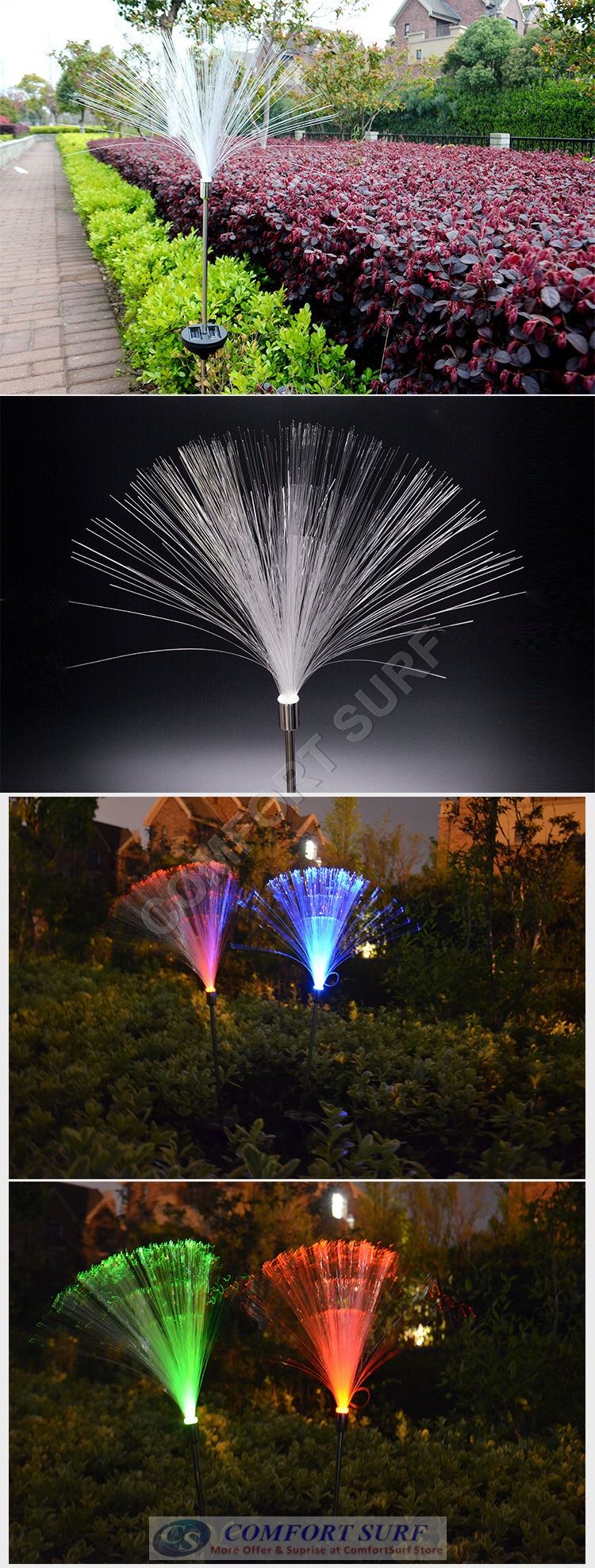 2 Pcs Solar Powered LED Lamp 7 Colors Changing Fiber Optic Garden Landscape Decoration Light Bulb