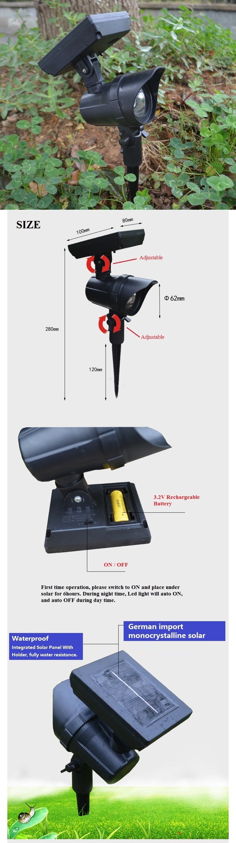 Outdoor Adjustable Solar LED Path Security Landscape / Garden / Yard / Wall / Fence / Pathway Light With Adjustable Panel and Head