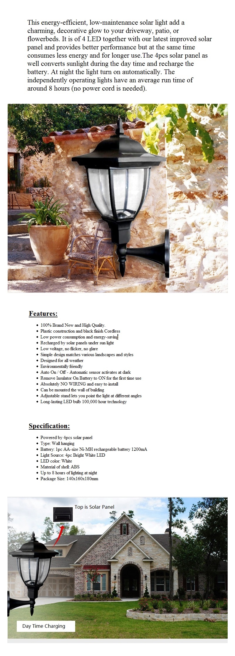 MaxSolar SL009 Outdoor Solar Power 4x LED Light Path Way Wall Landscape Mount Garden Fence Decoration Lamp