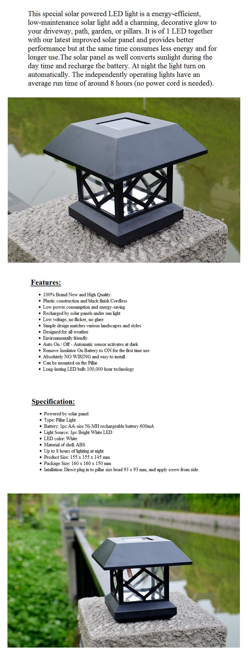 MaxSolar SL011 Outdoor Solar Powered LED Light Gate Pillar Way Landscape Garden Fence Decoration Lamp