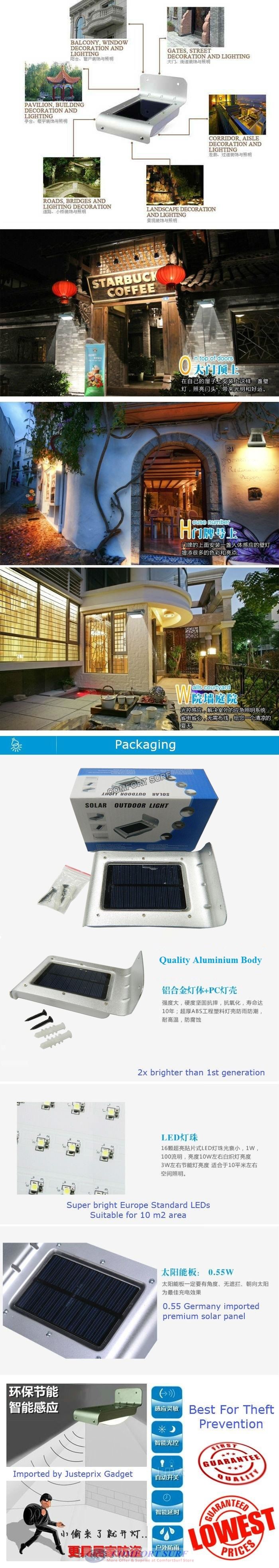Solar Infrared Motion Sensor 16 LED Security Light Wall Mount Lamp (Dim/Dark/Light)