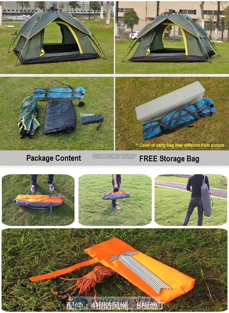 New Outdoor Double Layer Double Door + Dual Use Waterproof Automatic Camping Tent 3/4 Persons + Free Carry Bag