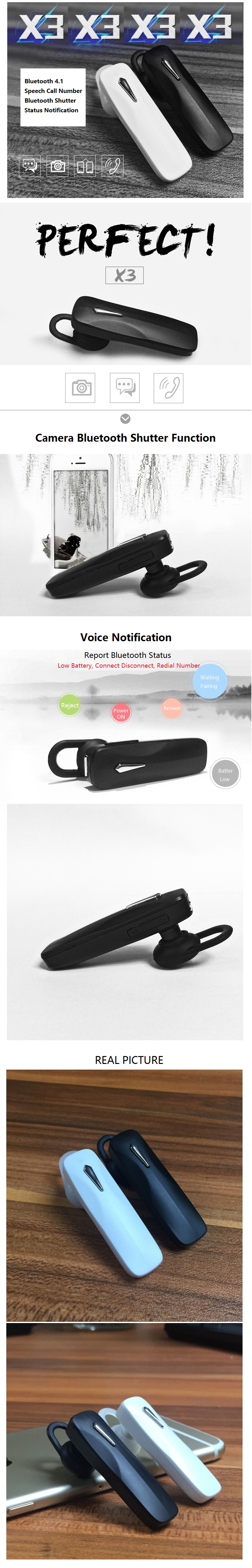 Universal X3 Wireless Bluetooth 4.1 Music Headset Headphone With Bluetooth Shutter + Speech Notificatation