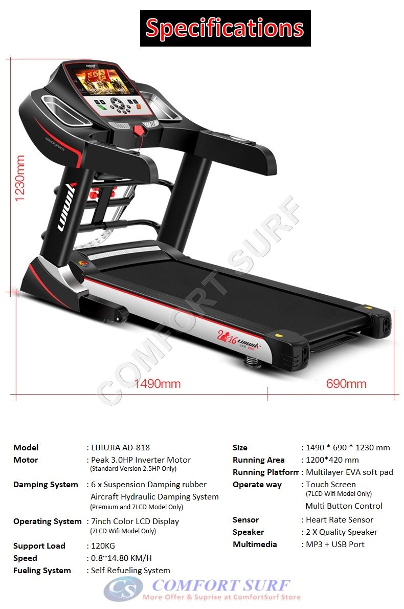 NEW 3.0HP AD818 Treadmill 7inch Color LCD Display / Electric Incline Decline Home Fitness Gym Running Walking Equipment NEW 3.0HP AD818 Treadmill 7inch Color LCD Display / Electric Incline Decline Home Fitness Gym Running Walking Equipment