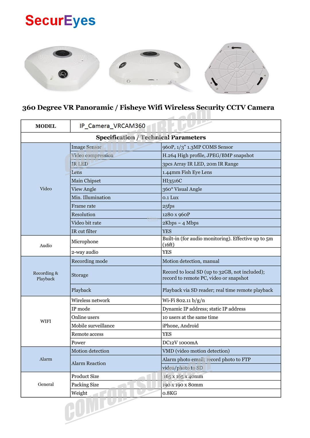 1.3MP 960P HD Panorama 360° Fisheye P2P Wifi Wireless IP CCTV Camera VR Cam IR Night Vision