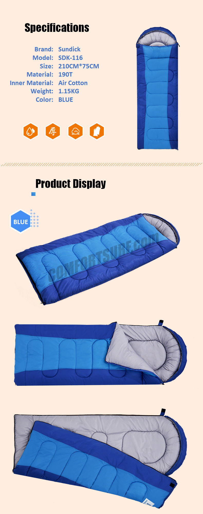Extra Thick 1.15KG Sundick Portable Sleeping Bag for Outdoor Travel Camping and Hiking