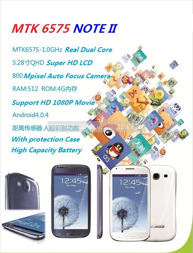 MTK6575 Note II Android 4.04 Smart Phone / Tablet GPS TV Mobile Phone