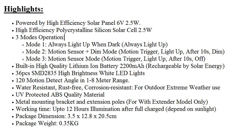 MaxSolar SL025 Motion Sensor Super Bright 36 x LED With Latest 3 Modes Wall Signage Street Lamp Auto On Light