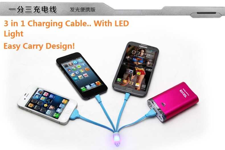 New 3 in 1 Keychain Multifunctional Noodle Style / Charging Cable With LED Light