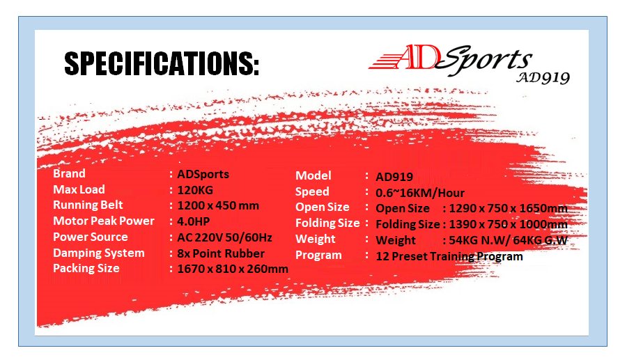 4.0HP ADSports AD919 Motorize Electric Treadmill 61CM Wide Running Platform With Auto Refueling System & 8x Rubber Absorption Damping System