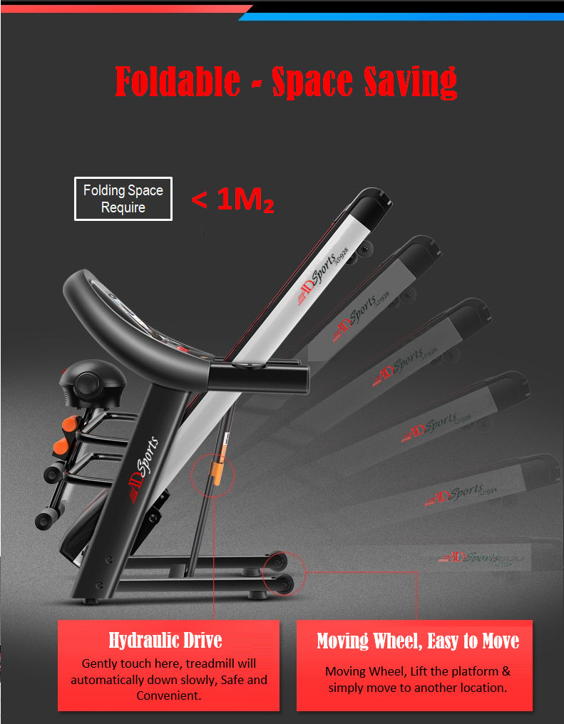 4.0HP ADSports AD928 Motorize Electric Treadmill Manual/Auto Electric Incline Decline 59CM Wide Running Platform With Auto Refueling System & 4 Ways Spring Shock Absorption Damping System