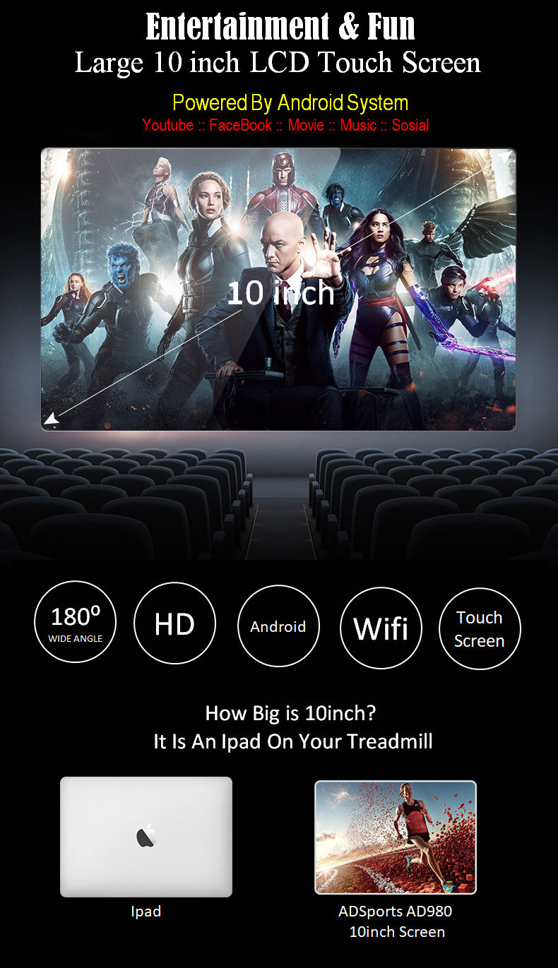 4.5HP ADSports AD980 10inch (Color Touch Screen) / 5inch (Blue Screen) Motorize Electric Treadmill 15 Levels Auto Electric Inclination, 64CM Wide Running Platform With Auto Refueling System & 4 Ways Spring Shock Absorption Damping System