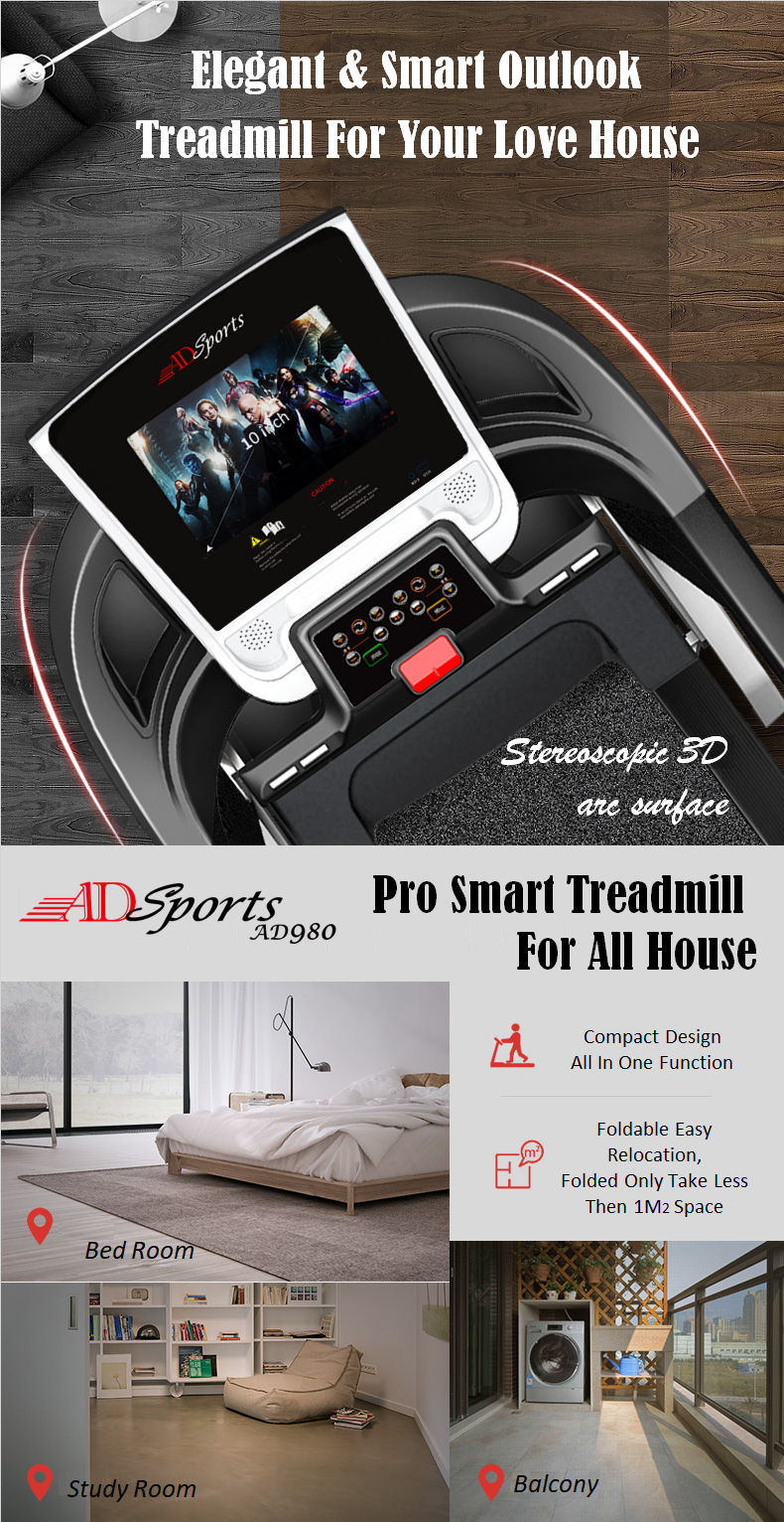 4.5HP ADSports AD980 10inch (Color Touch Screen) / 5inch (Blue Screen) Motorize Electric Treadmill 15 Levels Auto Electric Inclination, 64CM Wide Running Platform With Auto Refueling System & 4 Ways Spring Shock Absorption Damping System