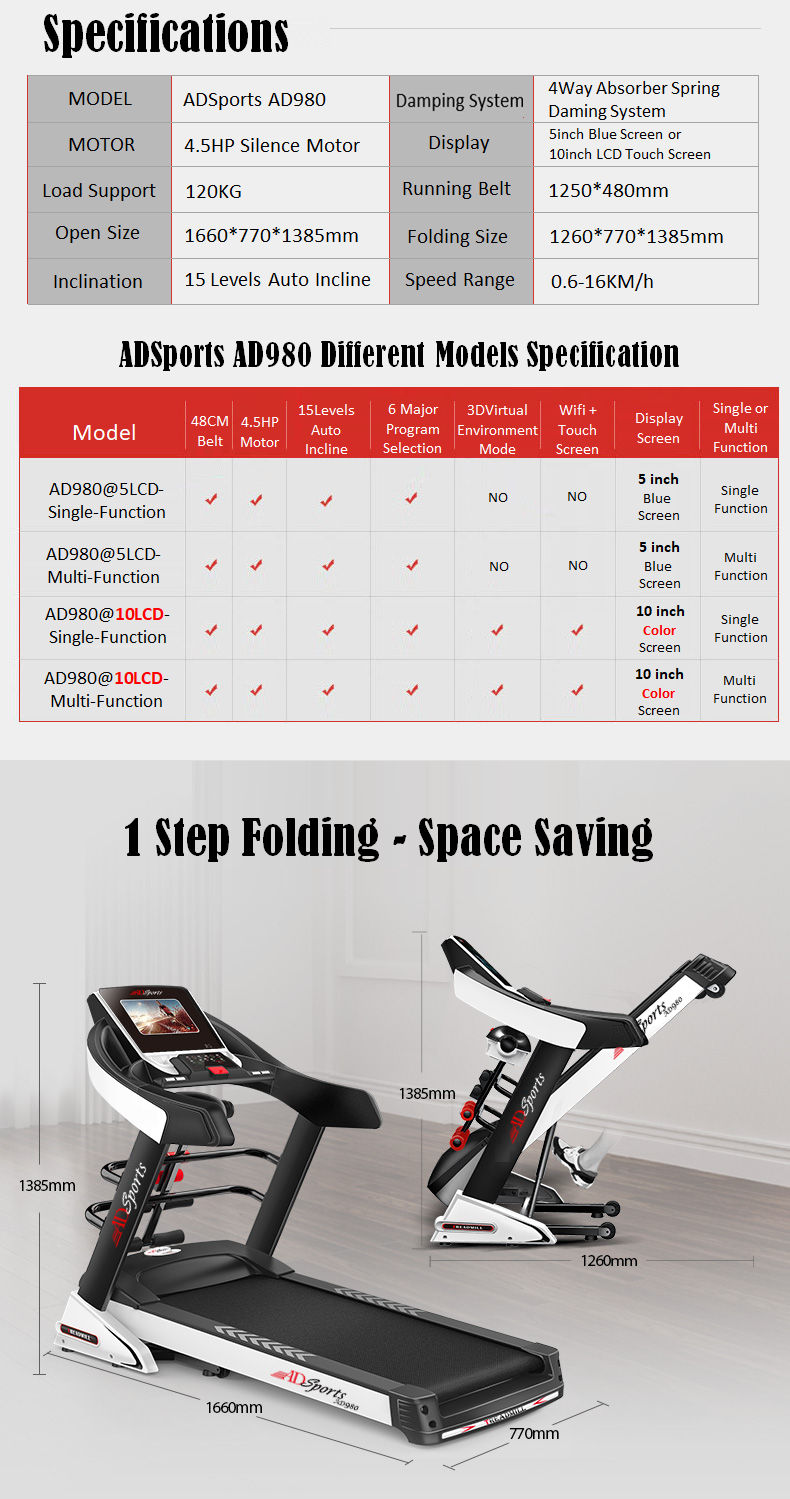 4.5HP ADSports AD980 10inch (Color Touch Screen) / 5inch (Blue Screen) Motorize Electric Treadmill 15 Levels Auto Electric Inclination, 64CM Wide Running Platform With Auto Refueling System & 4 Ways Spring Shock Absorption Damping System