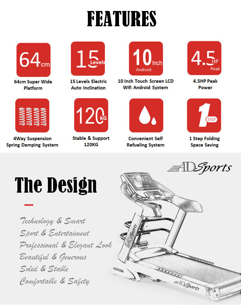 4.5HP ADSports AD980 10inch (Color Touch Screen) / 5inch (Blue Screen) Motorize Electric Treadmill 15 Levels Auto Electric Inclination, 64CM Wide Running Platform With Auto Refueling System & 4 Ways Spring Shock Absorption Damping System