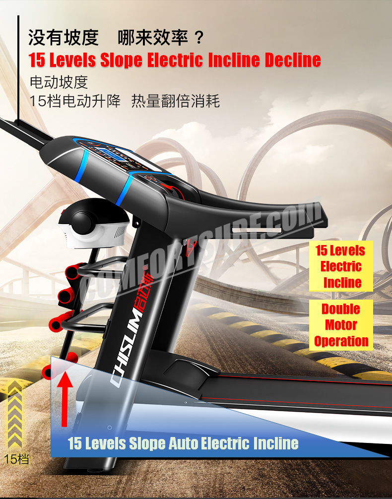 4.0HP Chislim 7013 Electric Auto Incline Decline Treadmill 62CM Wide Running Platform With Auto Refueling System & 4Ways Shock Absorption Damping System