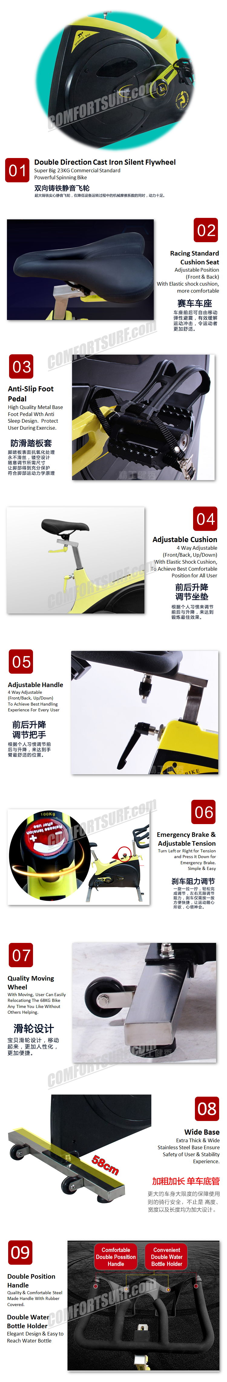 Commercial GYM Room Spinning Exercise Bike 23KG Flywheel, 68KG Stainless Steel Body Frame Multi Adjustable Stable Elegant Design Bicycle Exercise Bike